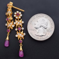 Vintage Ruby & CZ 22K Yellow Gold Screw-Back Drop Earrings