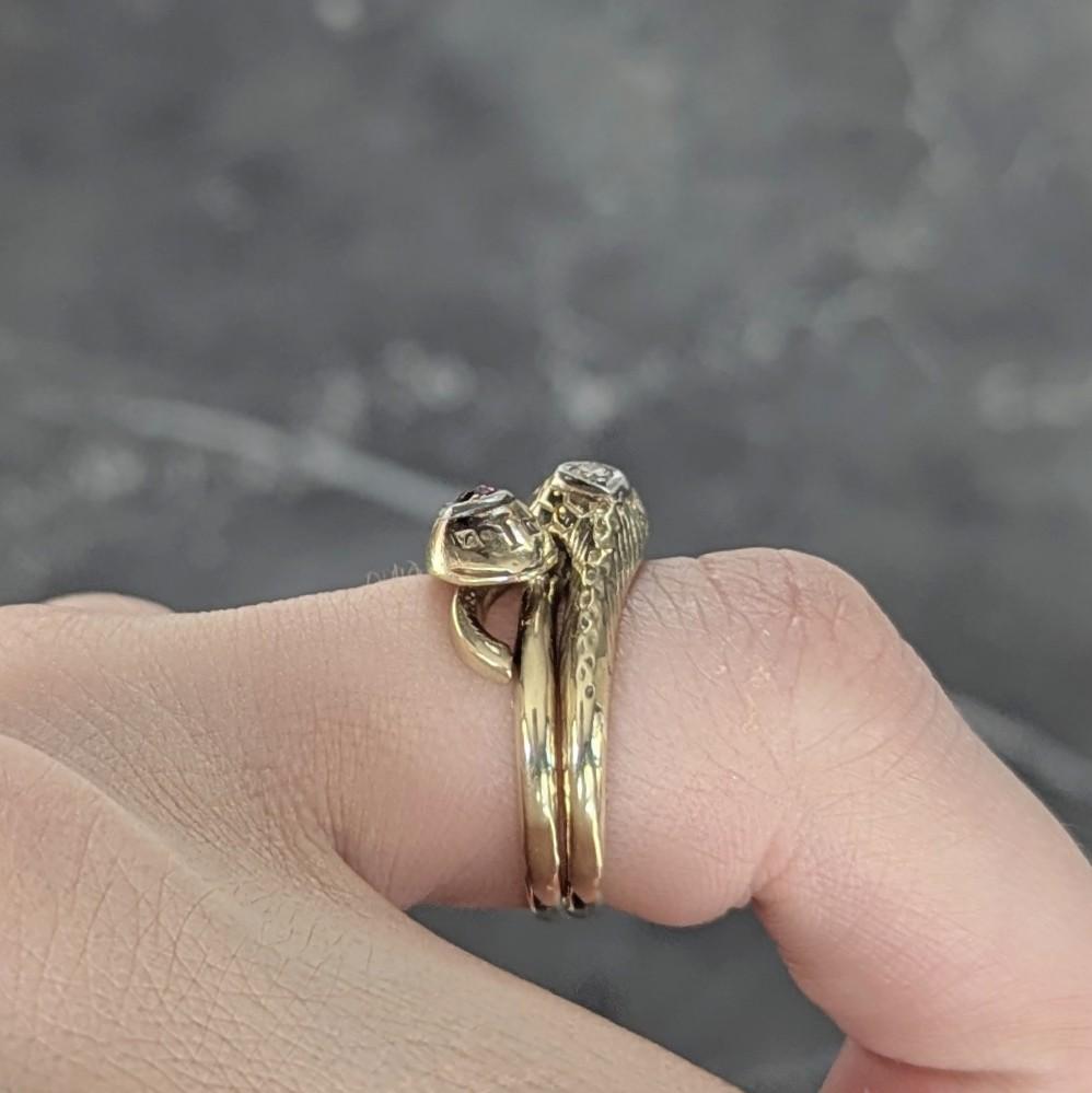 Vintage Ruby Diamond 14 Karat Two-Tone Gold Lovers Knot Unisex Snake Band Ring For Sale 8
