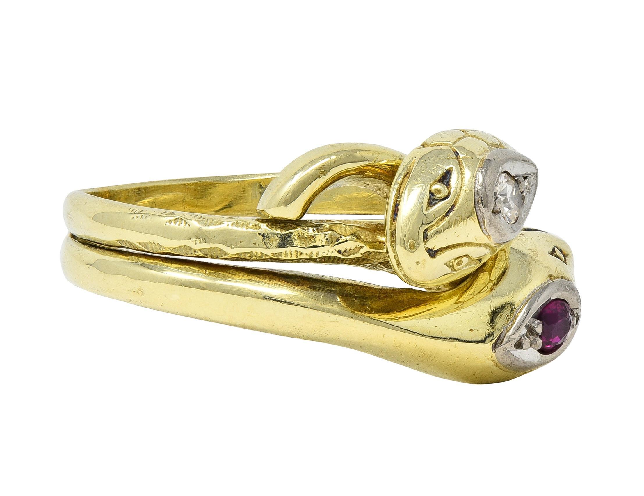 Round Cut Vintage Ruby Diamond 14 Karat Two-Tone Gold Lovers Knot Unisex Snake Band Ring For Sale