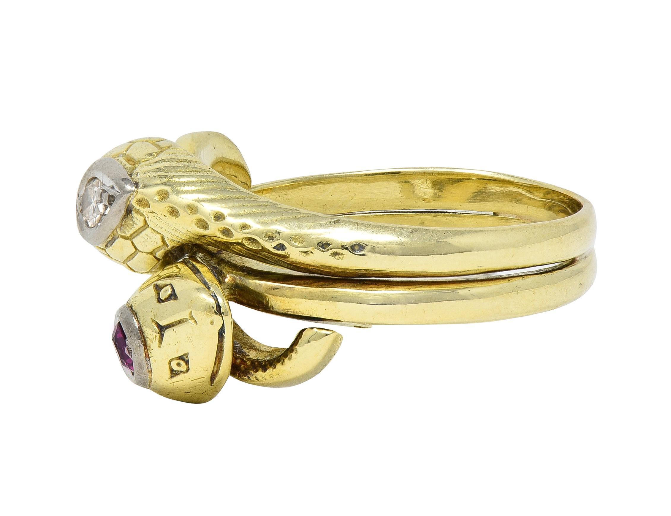 Vintage Ruby Diamond 14 Karat Two-Tone Gold Lovers Knot Unisex Snake Band Ring For Sale 1