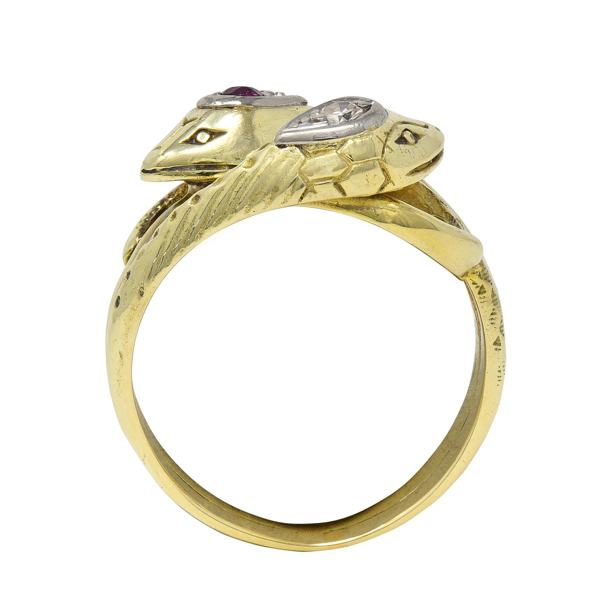 Vintage Ruby Diamond 14 Karat Two-Tone Gold Lovers Knot Unisex Snake Band Ring For Sale 4