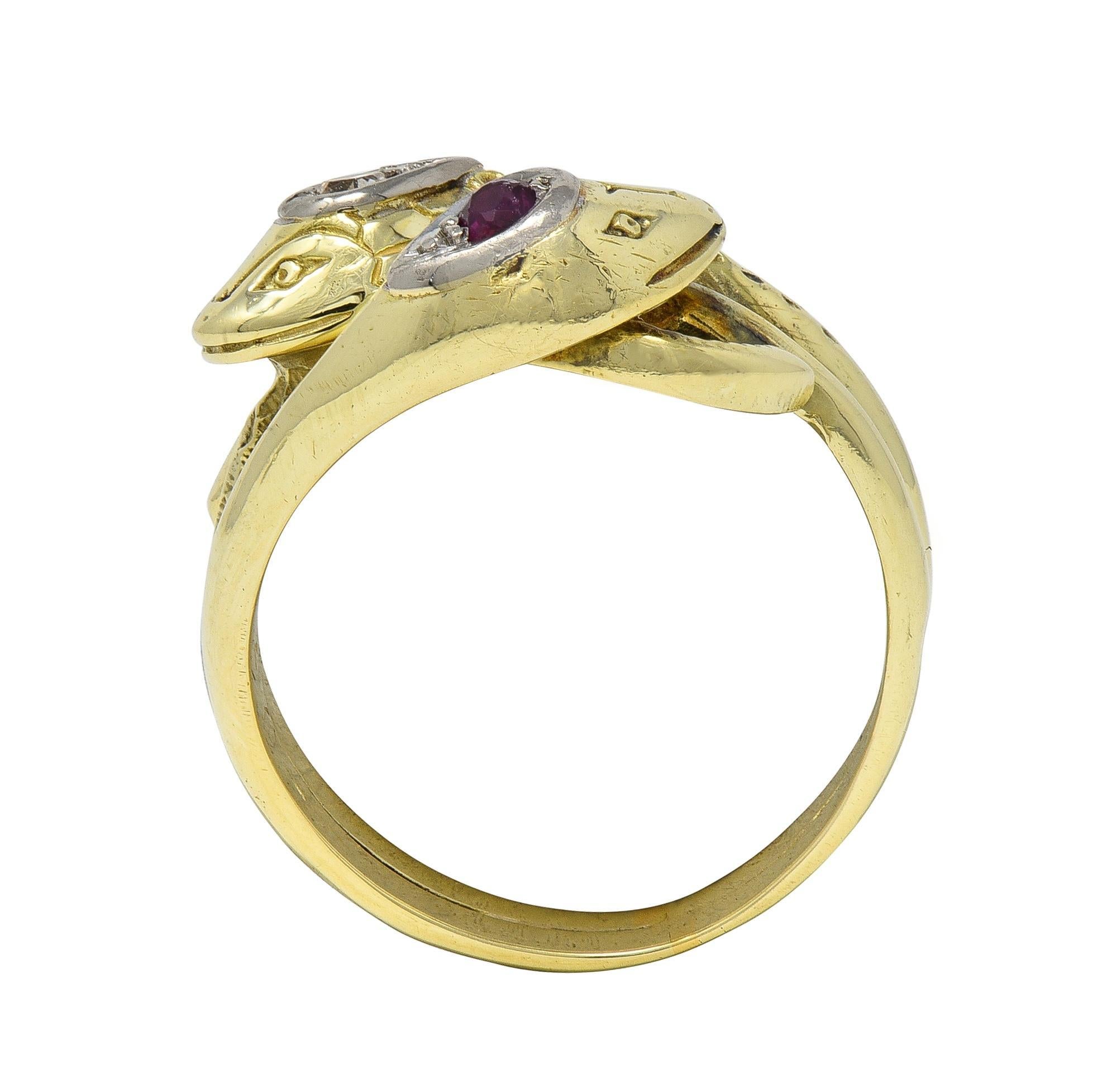 Vintage Ruby Diamond 14 Karat Two-Tone Gold Lovers Knot Unisex Snake Band Ring For Sale 5