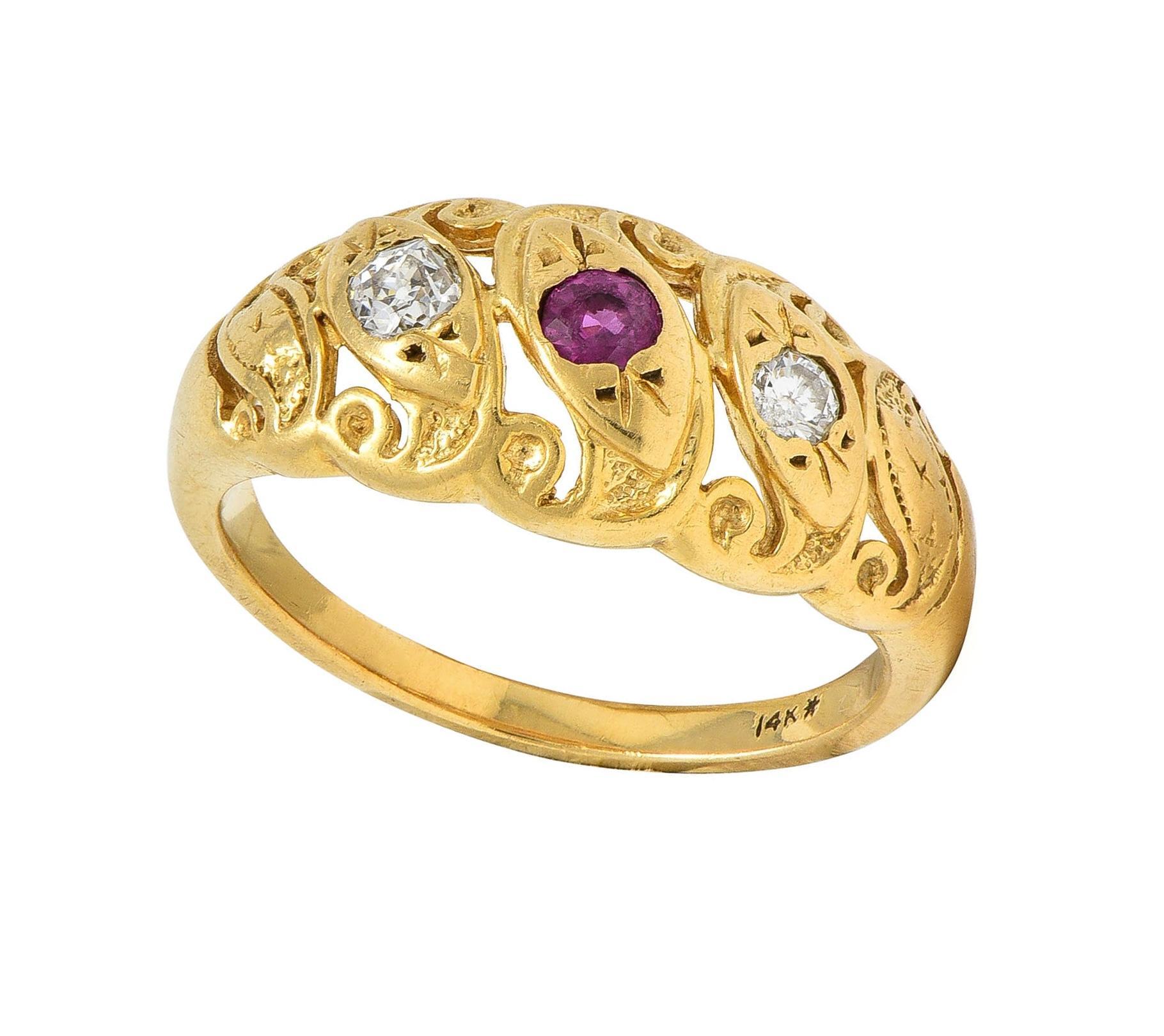 Vintage Ruby Diamond 14 Karat Yellow Gold Triple Snake Band Ring For Sale 6
