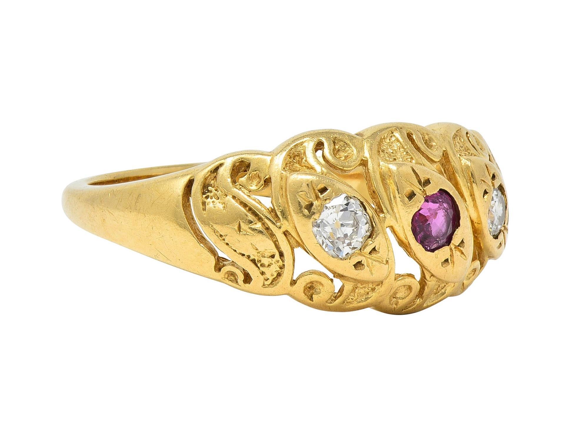 Old European Cut Vintage Ruby Diamond 14 Karat Yellow Gold Triple Snake Band Ring For Sale