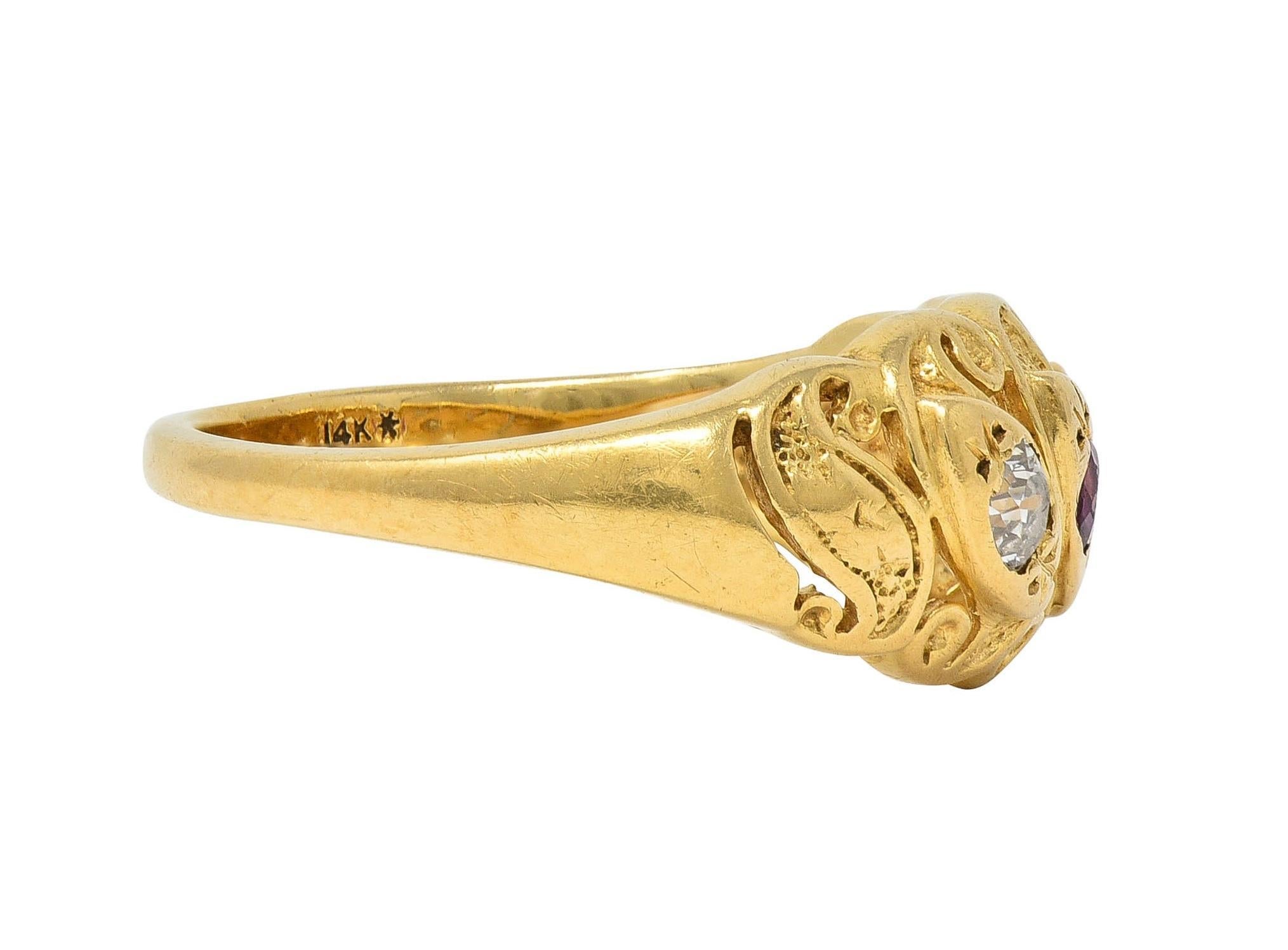 Vintage Ruby Diamond 14 Karat Yellow Gold Triple Snake Band Ring In Excellent Condition For Sale In Philadelphia, PA