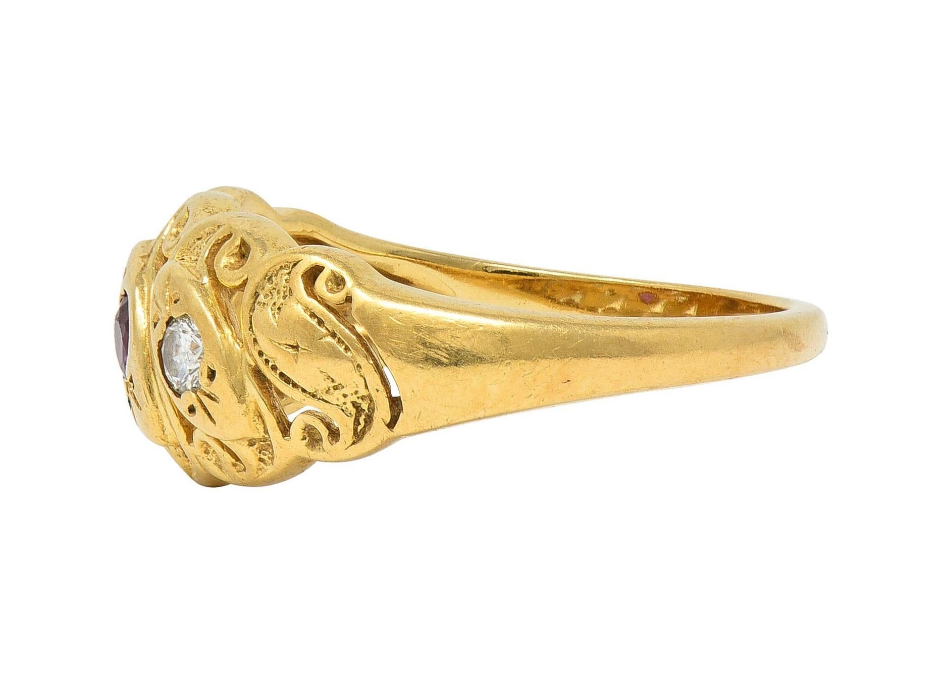Vintage Ruby Diamond 14 Karat Yellow Gold Triple Snake Band Ring For Sale 1