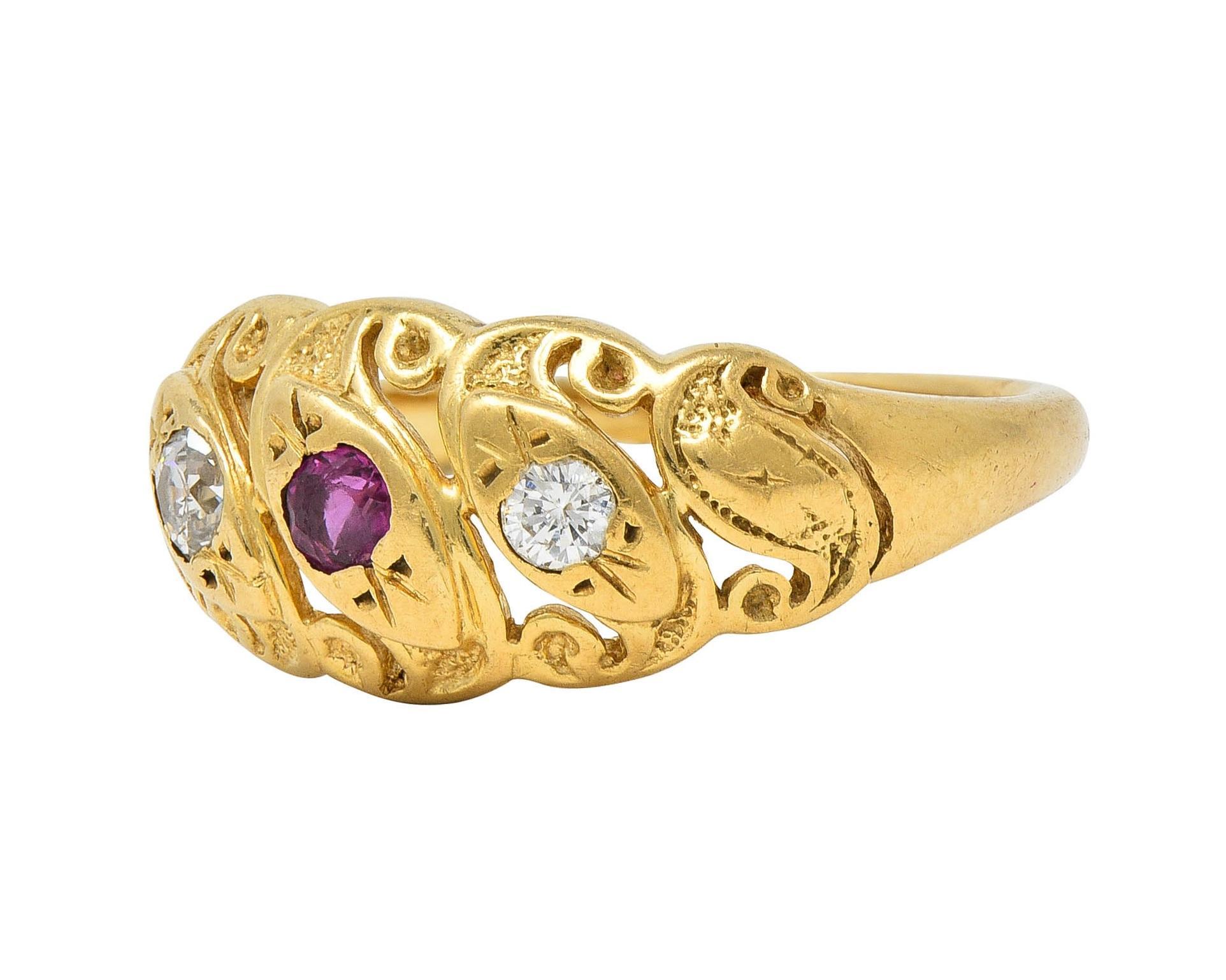 Vintage Ruby Diamond 14 Karat Yellow Gold Triple Snake Band Ring For Sale 2