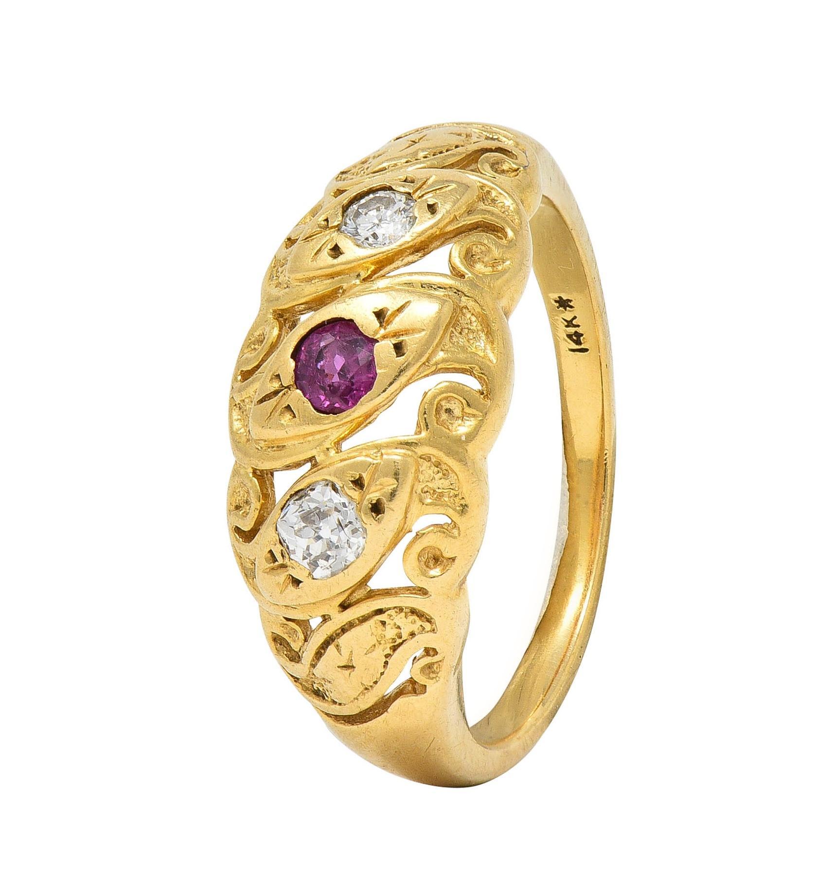 Vintage Ruby Diamond 14 Karat Yellow Gold Triple Snake Band Ring For Sale 4