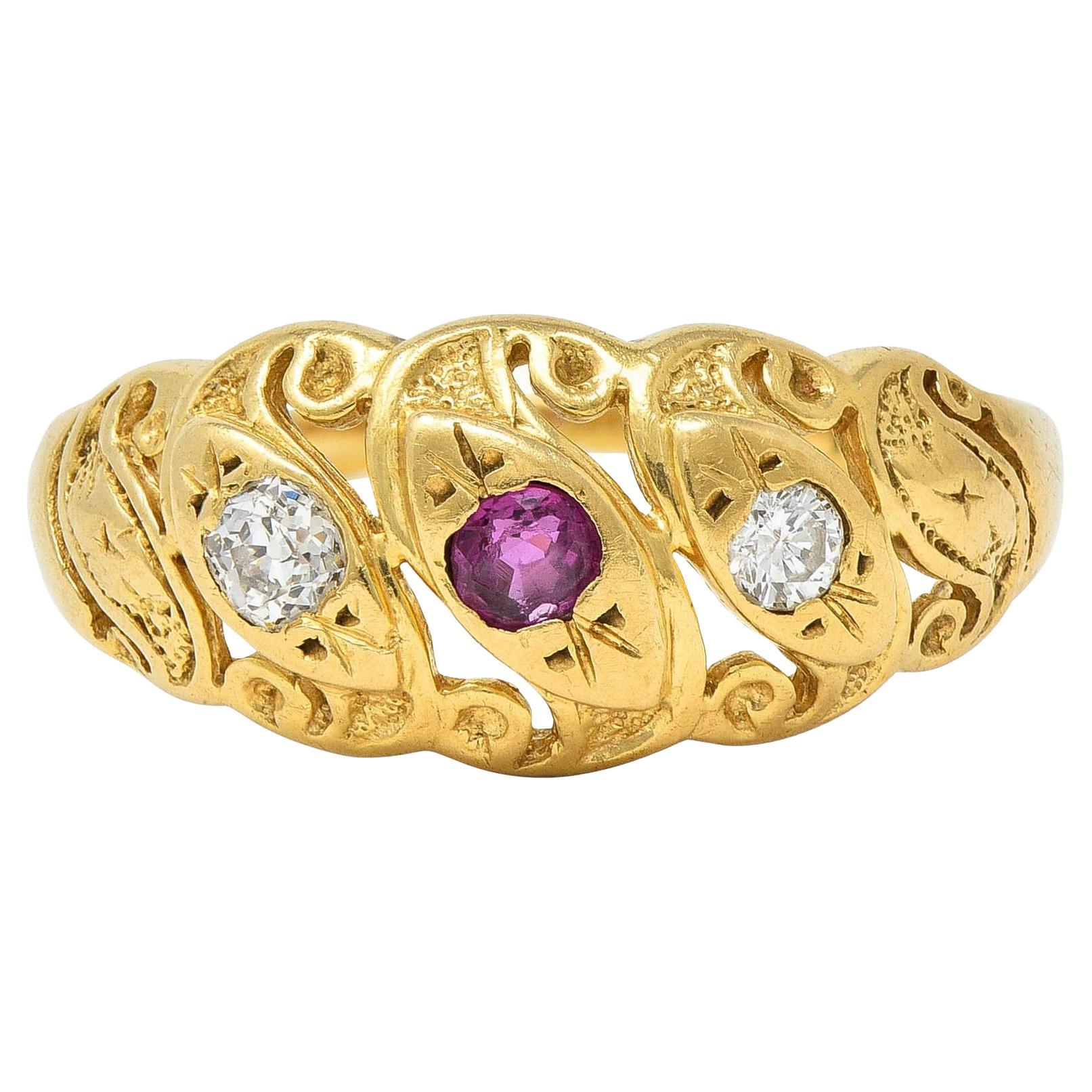 Vintage Ruby Diamond 14 Karat Yellow Gold Triple Snake Band Ring For Sale