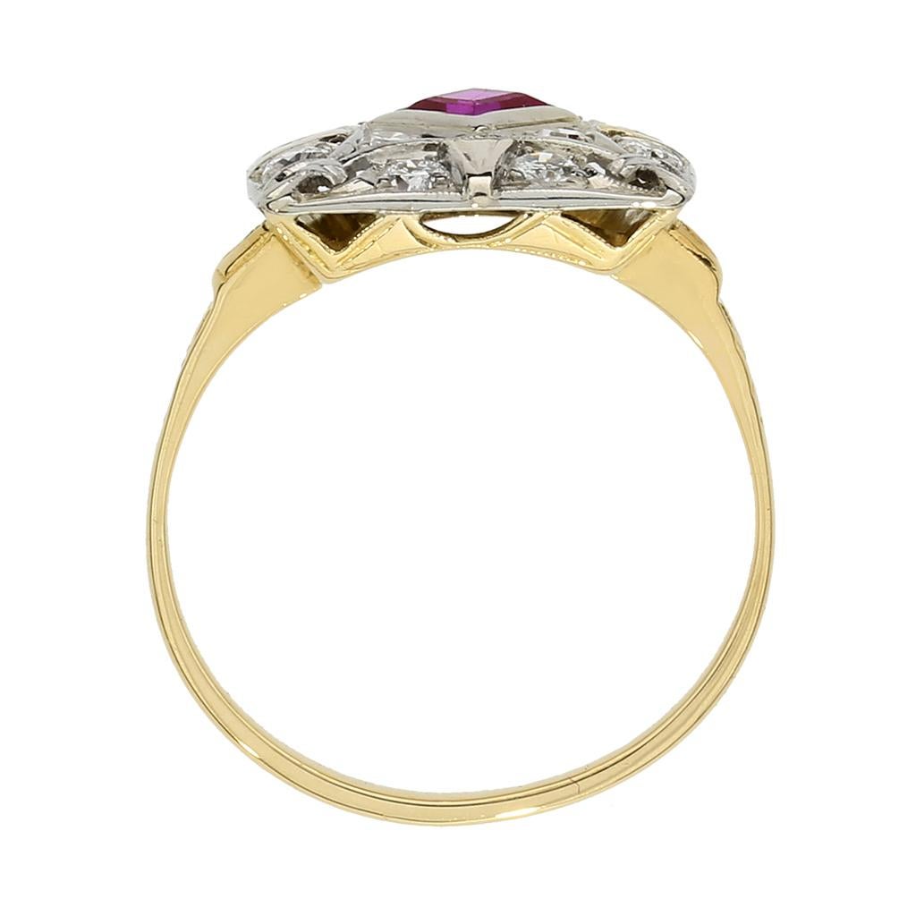 Square Cut Vintage Ruby & Diamond 14K Ring For Sale