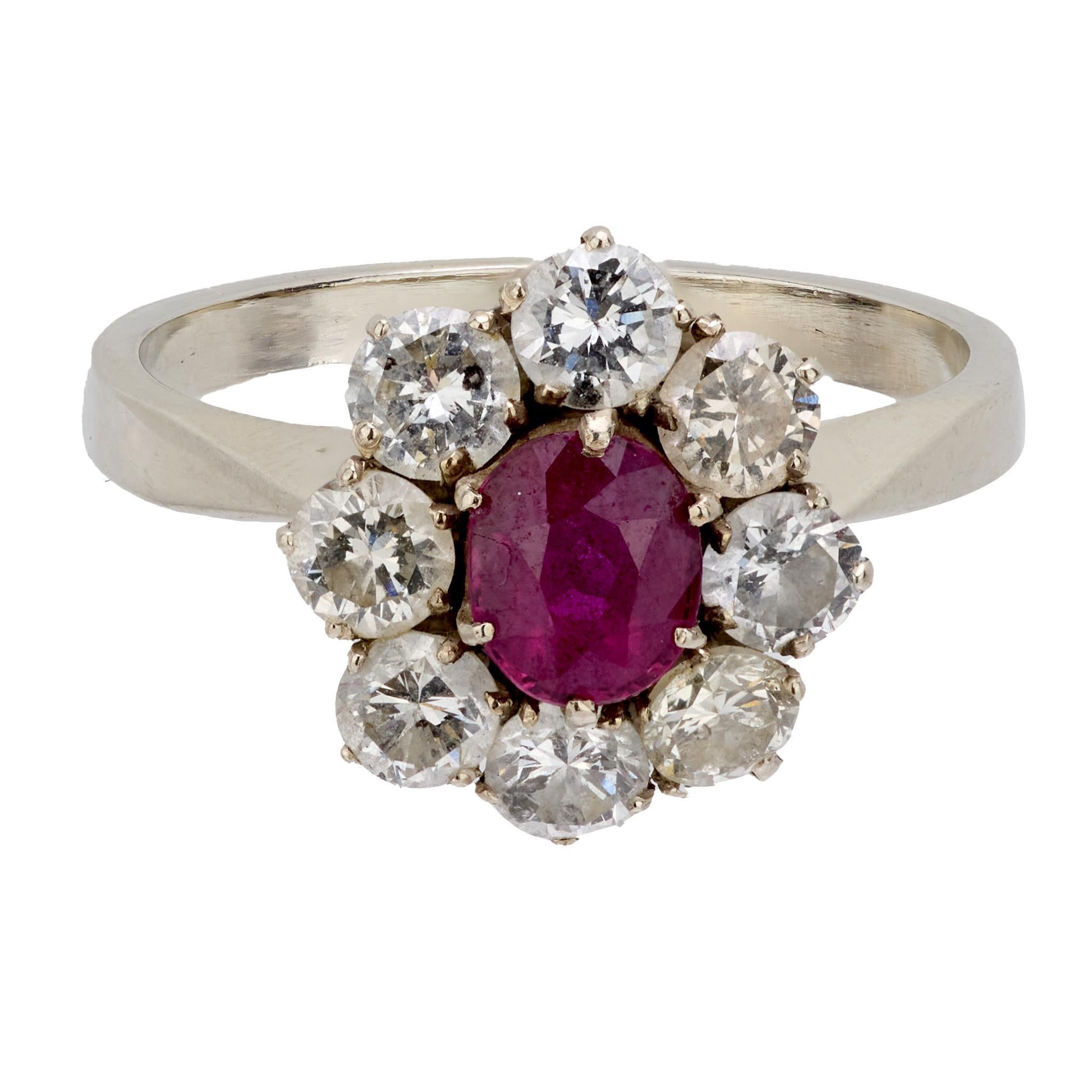 Oval Cut Vintage ruby diamond 14k white gold cluster ring For Sale