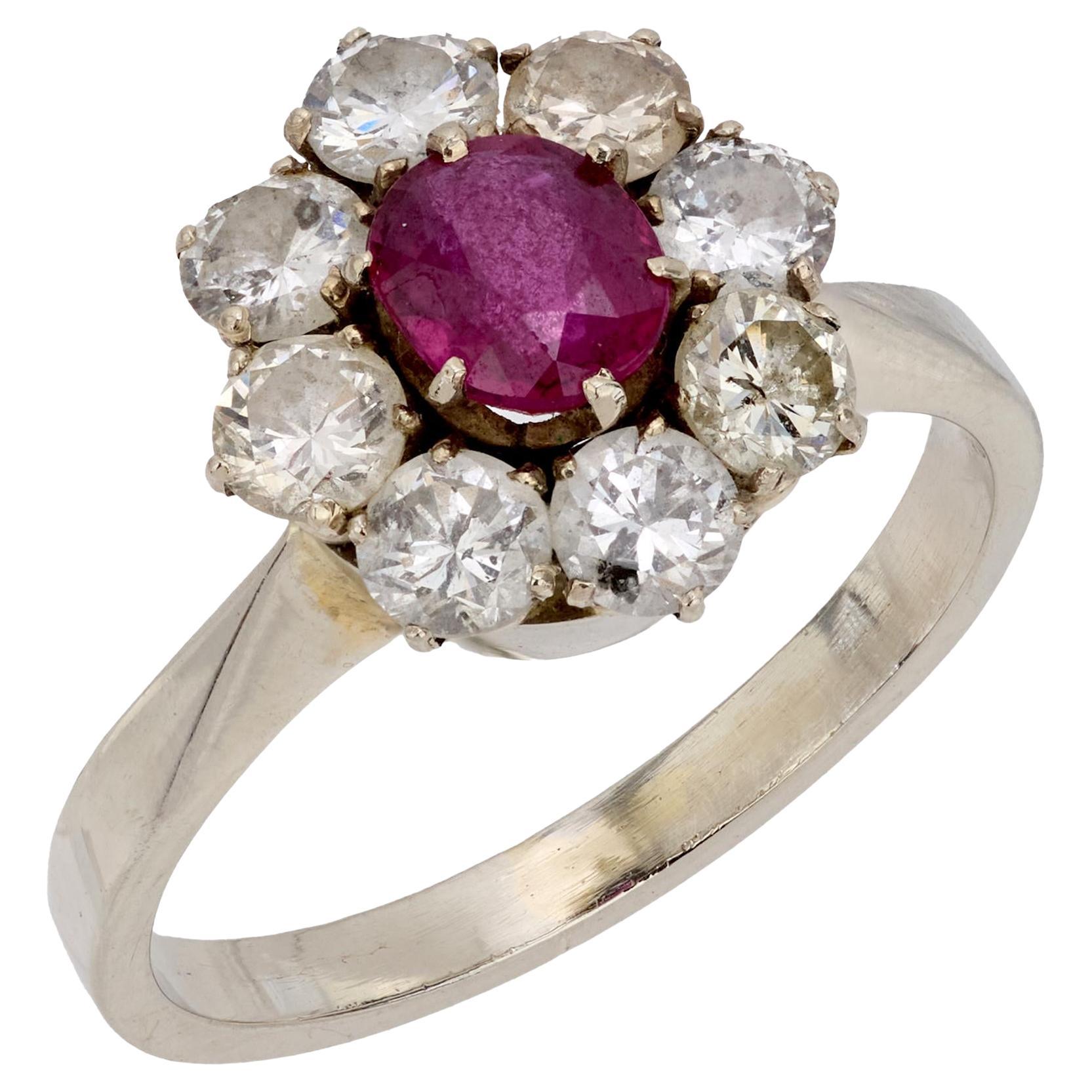 Vintage ruby diamond 14k white gold cluster ring
