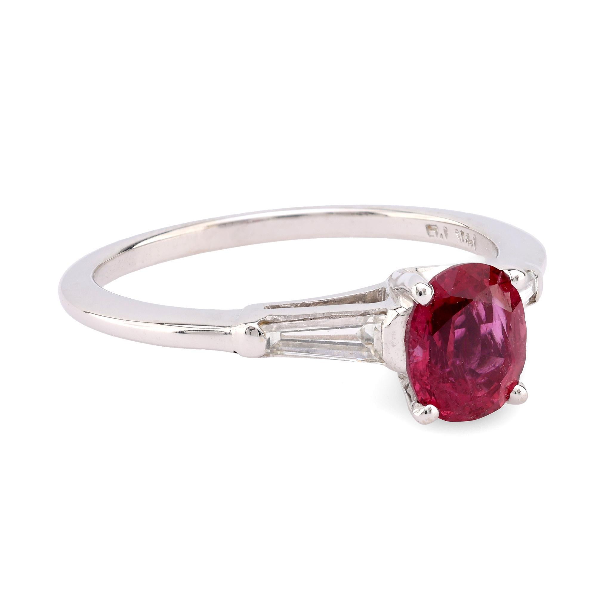 Modern Vintage Ruby Diamond 14K White Gold Three Stone Ring