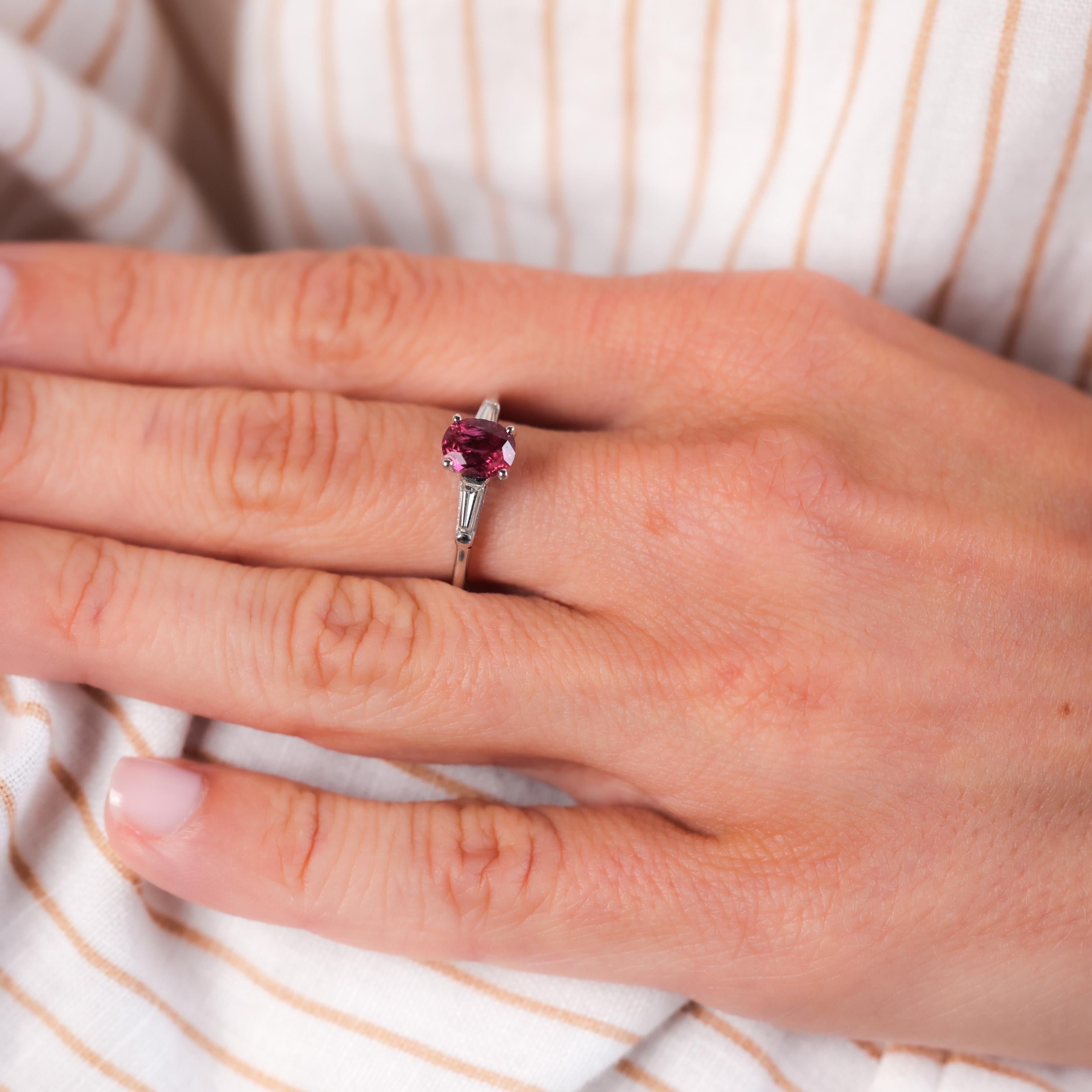 Oval Cut Vintage Ruby Diamond 14K White Gold Three Stone Ring