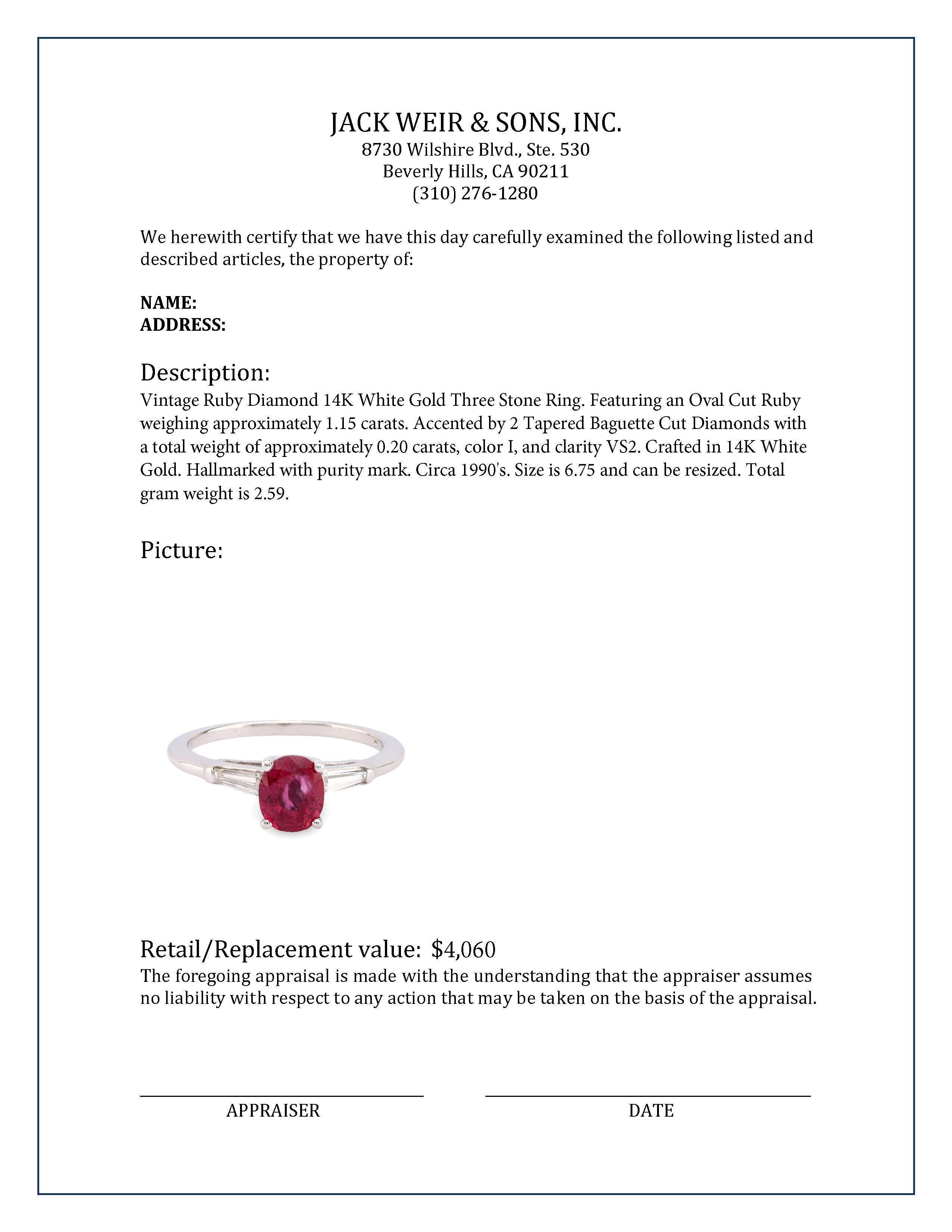 Vintage Ruby Diamond 14K White Gold Three Stone Ring In Excellent Condition In Beverly Hills, CA