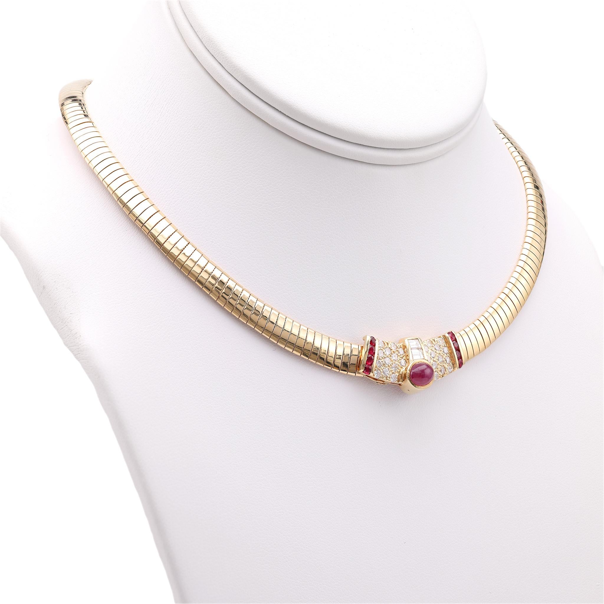 Vintage Ruby Diamond 14k Yellow Gold Omega Necklace In Good Condition For Sale In Beverly Hills, CA