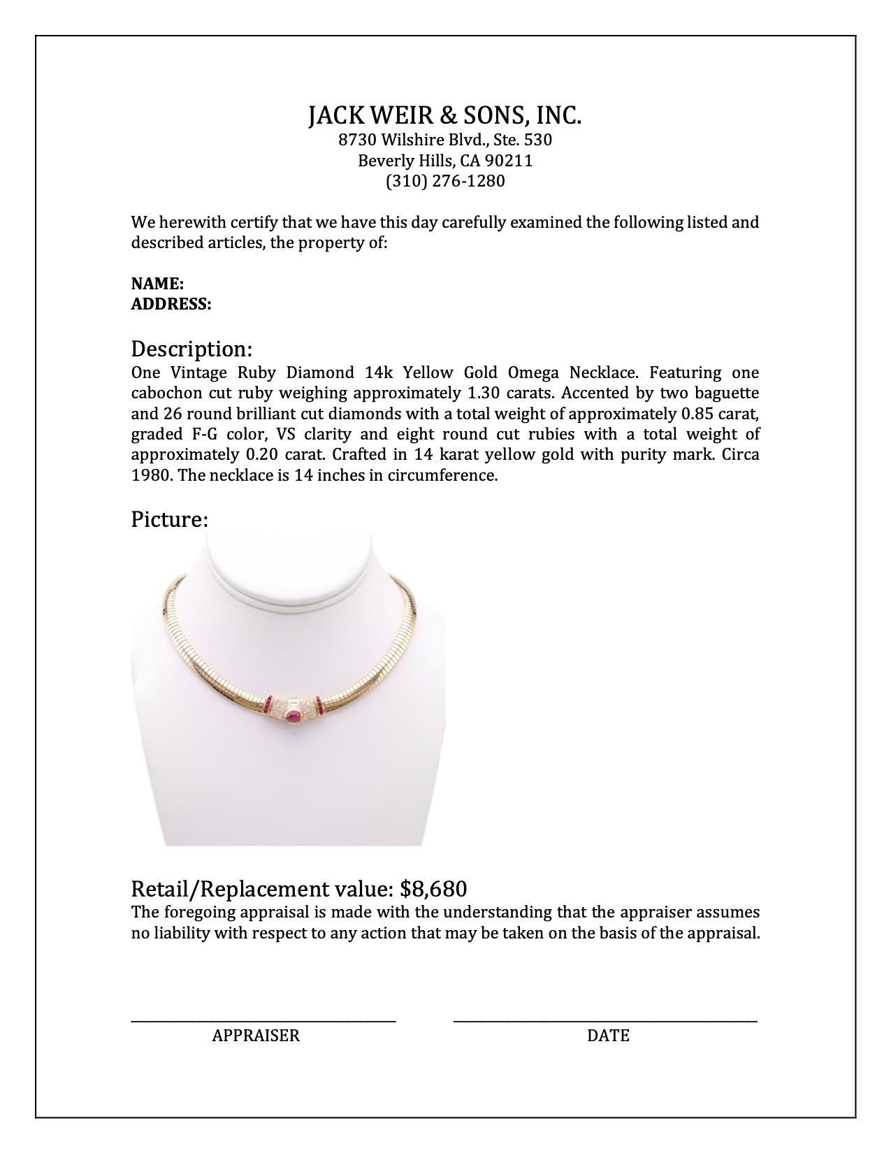 Omega-Halskette, Vintage, Rubin, Diamant, 14 Karat Gelbgold für Damen oder Herren im Angebot