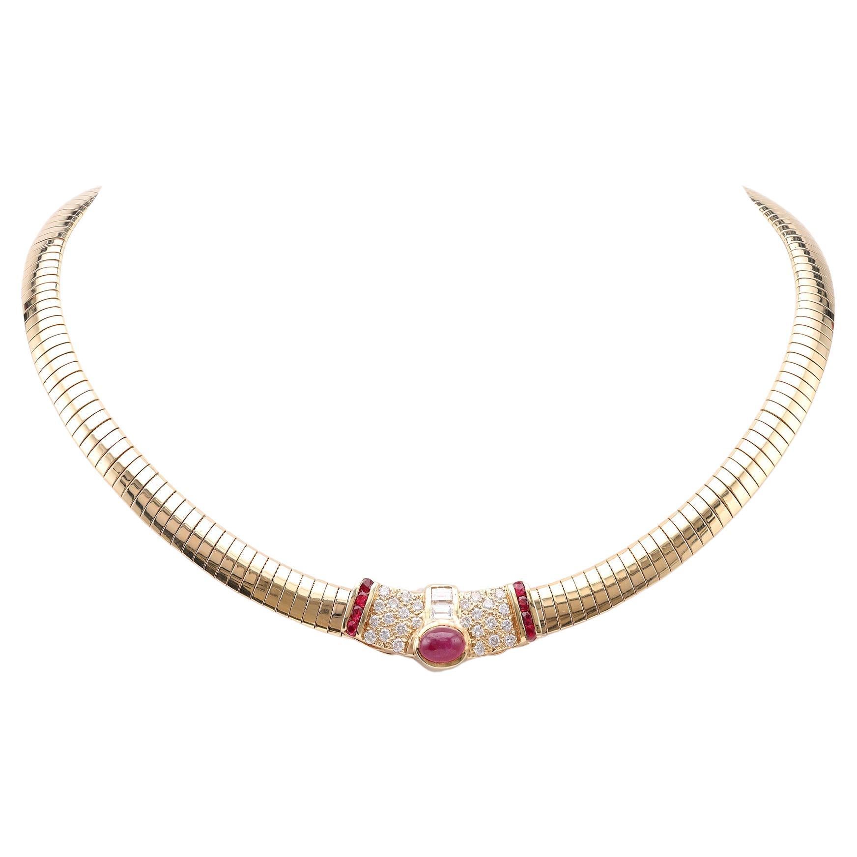Vintage Ruby Diamond 14k Yellow Gold Omega Necklace For Sale