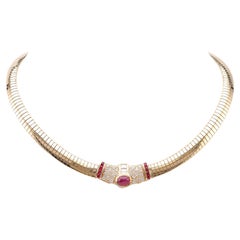 Vintage Ruby Diamond 14k Yellow Gold Omega Necklace