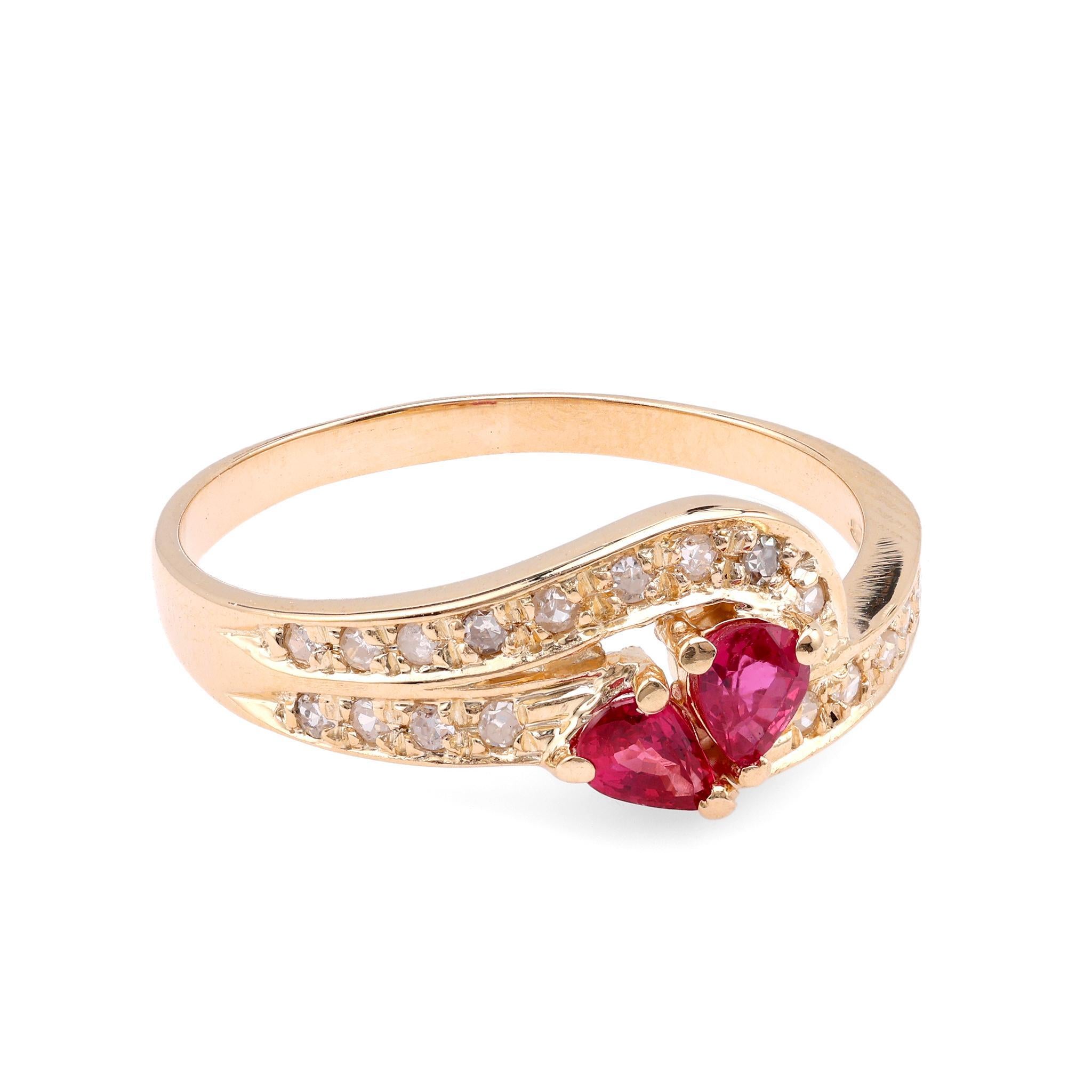 Pear Cut Vintage Ruby Diamond 14K Yellow Gold Swirl Ring