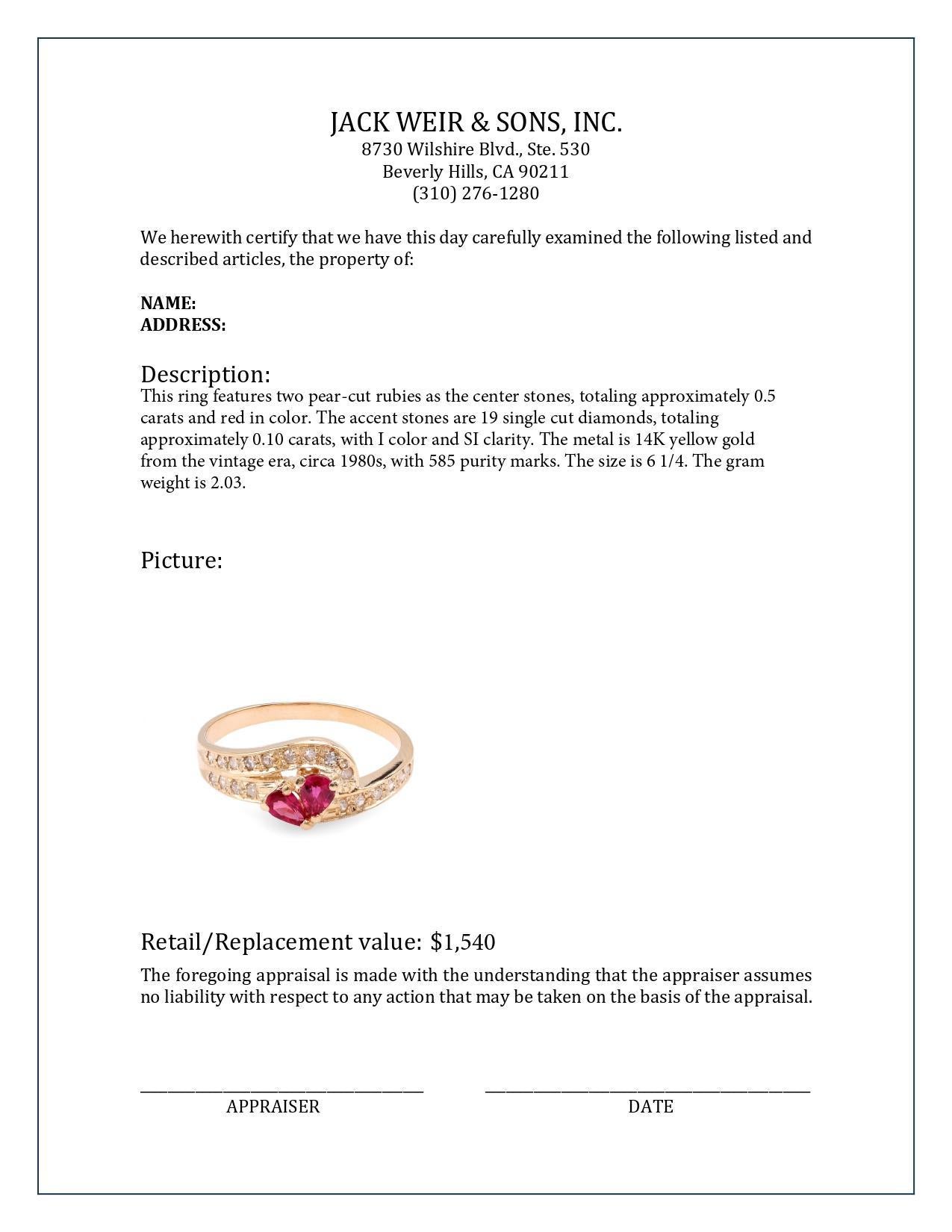Vintage Ruby Diamond 14K Yellow Gold Swirl Ring In Excellent Condition In Beverly Hills, CA