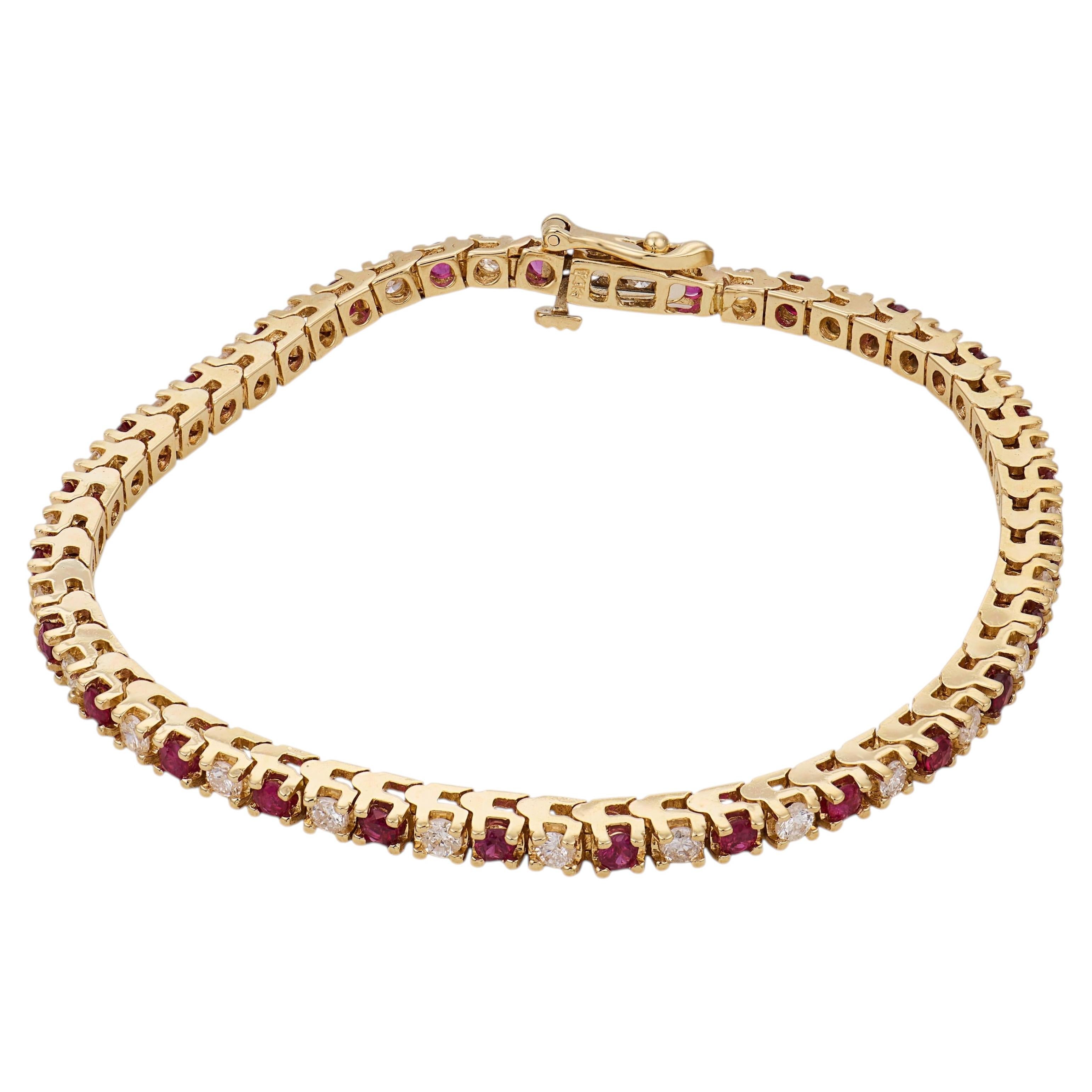 Pulsera tipo «tenis» vintage de oro amarillo de 14k con rubíes y diamantes