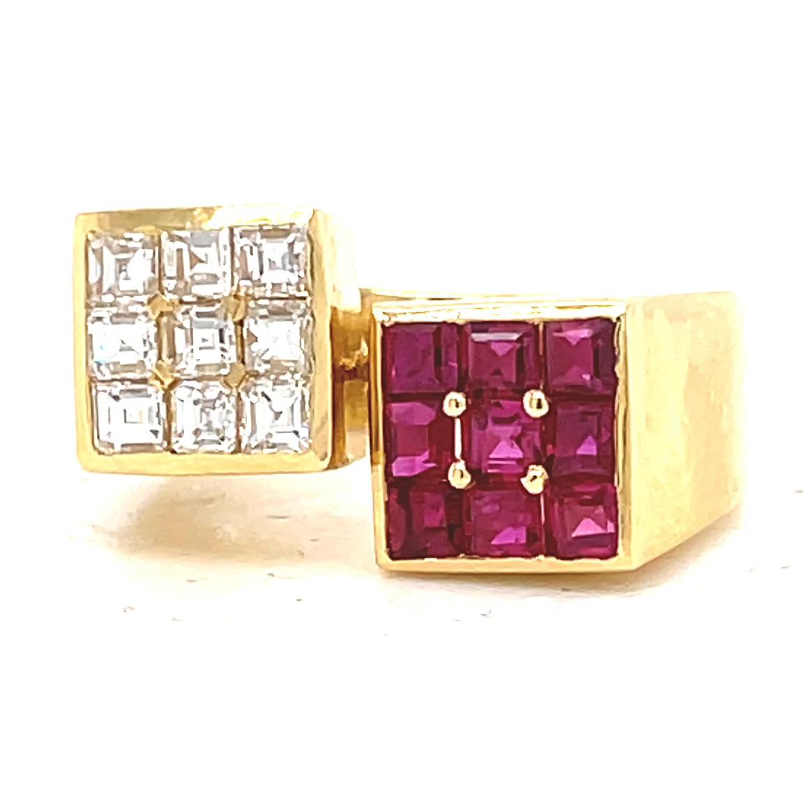 Square Cut Vintage Ruby Diamond 18 Karat Gold Bypass Ring