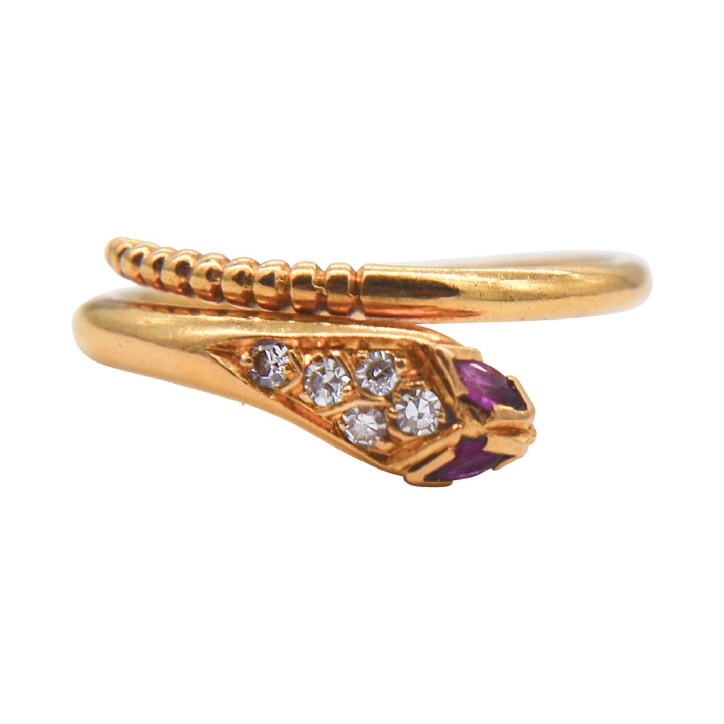 Vintage Ruby Diamond 18 Karat Gold Snake Wrap Ring For Sale