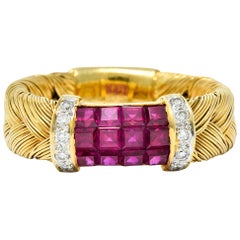 Vintage Ruby Diamond 18 Karat Gold Wheat Band Ring