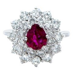 Vintage Ruby Diamond 18 Karat White Gold Cluster Cocktail Ring