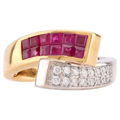Anello bypass con rubino e diamante d'epoca in oro bianco e giallo 18 carati