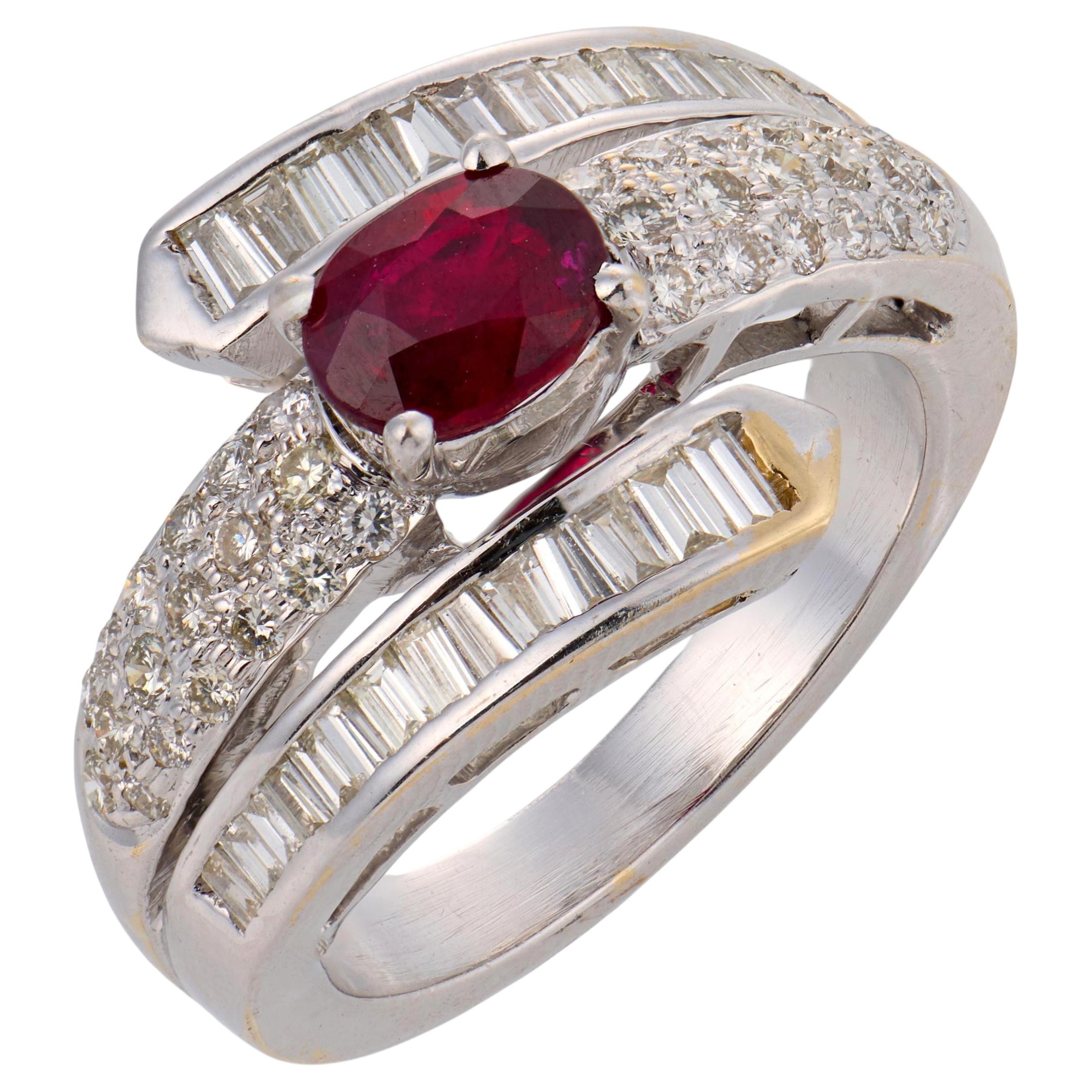 Vintage ruby diamond 18k white gold bypass ring