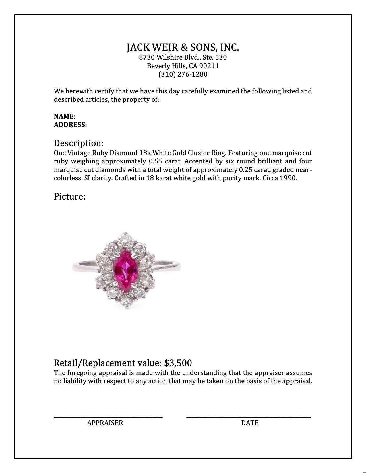 Vintage Ruby Diamond 18k White Gold Cluster Ring (Marquiseschliff) im Angebot