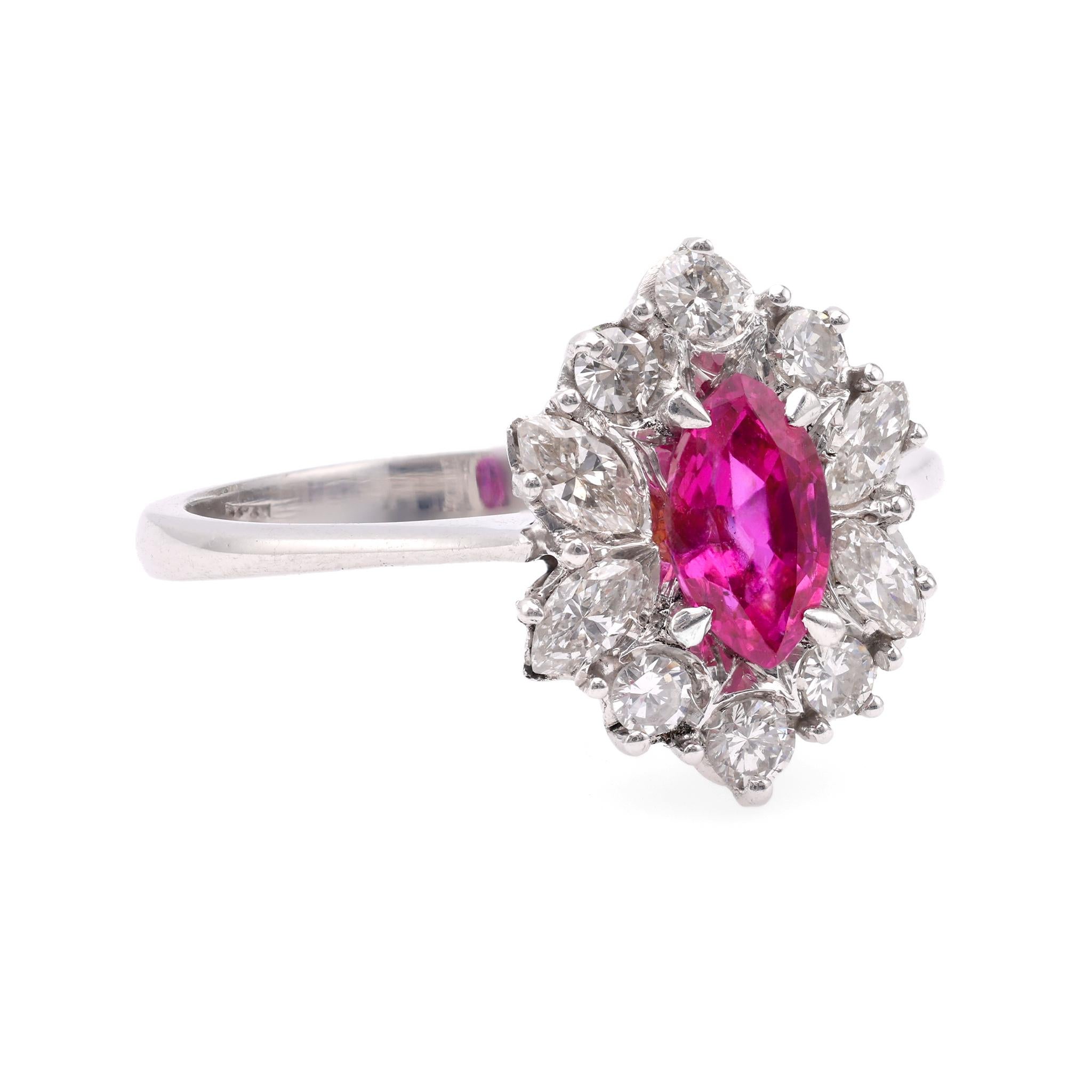 Vintage Ruby Diamond 18k White Gold Cluster Ring In Good Condition For Sale In Beverly Hills, CA