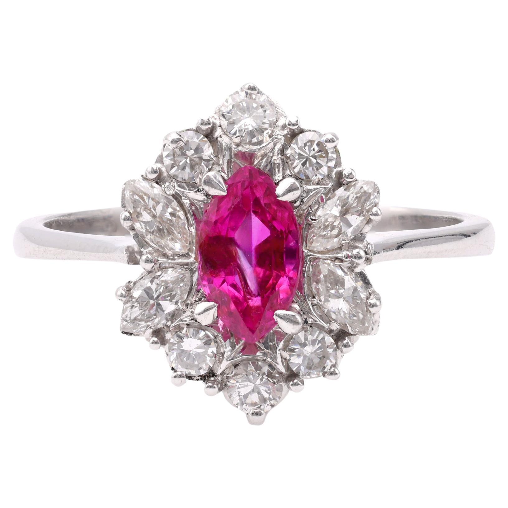 Vintage Ruby Diamond 18k White Gold Cluster Ring For Sale