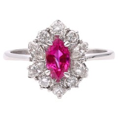 Vintage Ruby Diamond 18k White Gold Cluster Ring