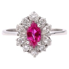 Vintage Ruby Diamond 18k White Gold Cluster Ring
