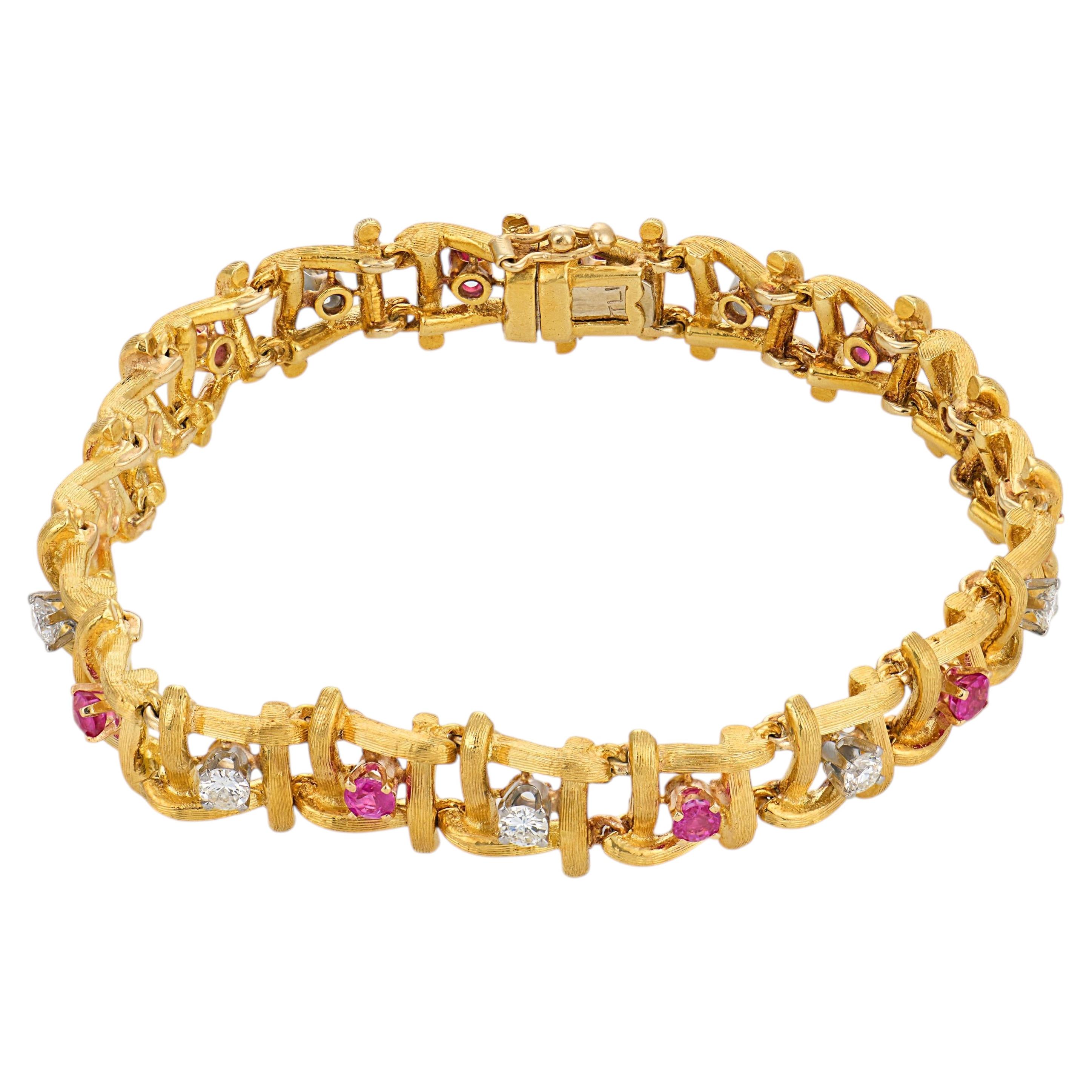 Pulsera vintage de oro amarillo de 18 quilates con rubíes y diamantes