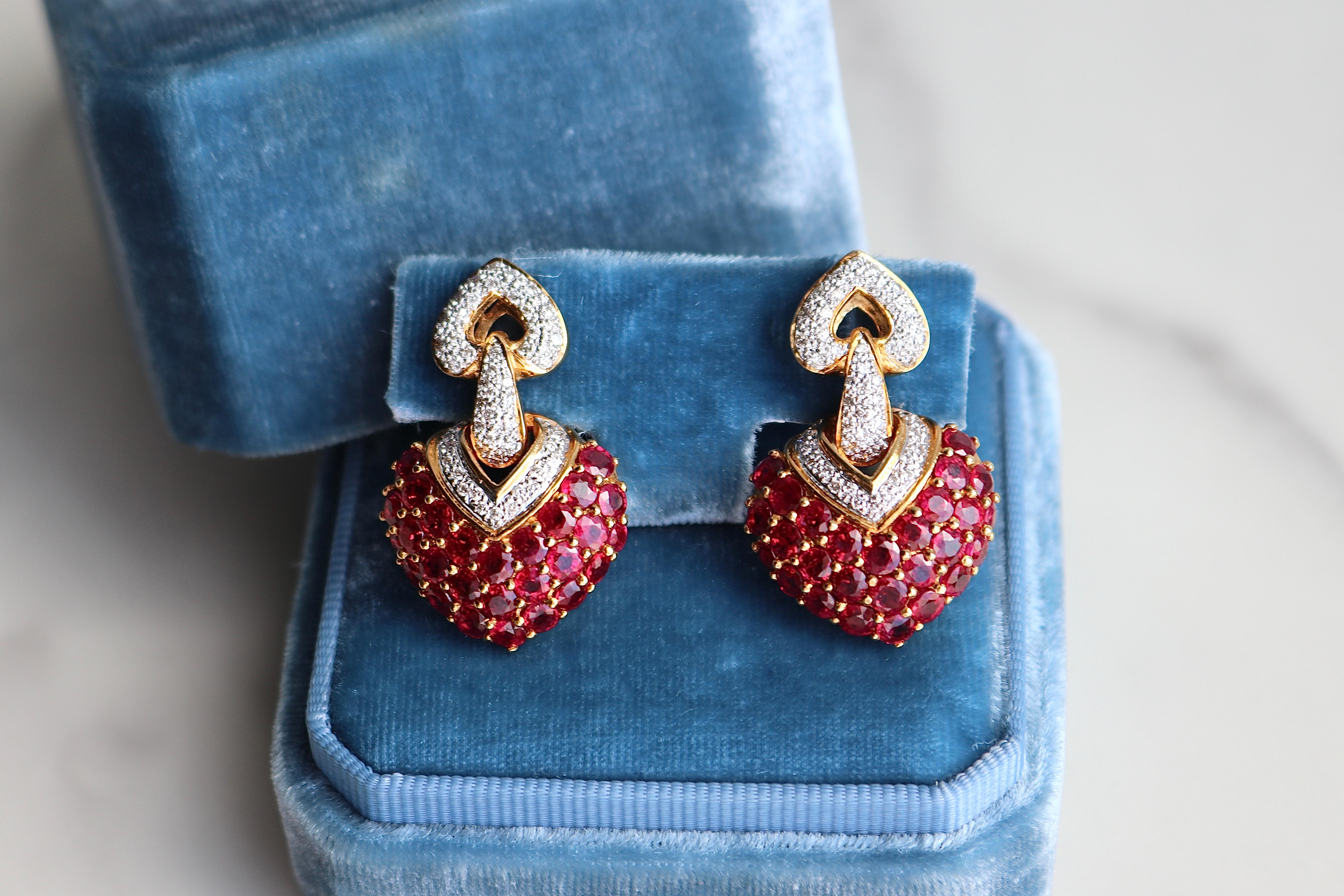 Women's or Men's Vintage Ruby Diamond 18k Yellow Gold Door Knocker Heart Earrings