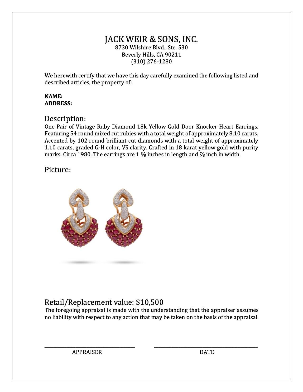 Vintage Ruby Diamond 18k Yellow Gold Door Knocker Heart Earrings For Sale 1