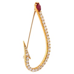 Vintage Ruby Diamond 18K Yellow Gold Fish Hook Brooch