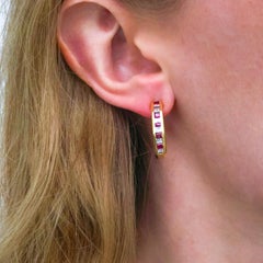 Vintage Ruby, Diamond and 18 Karat Gold Channel Set Hoop Earrings, 1995