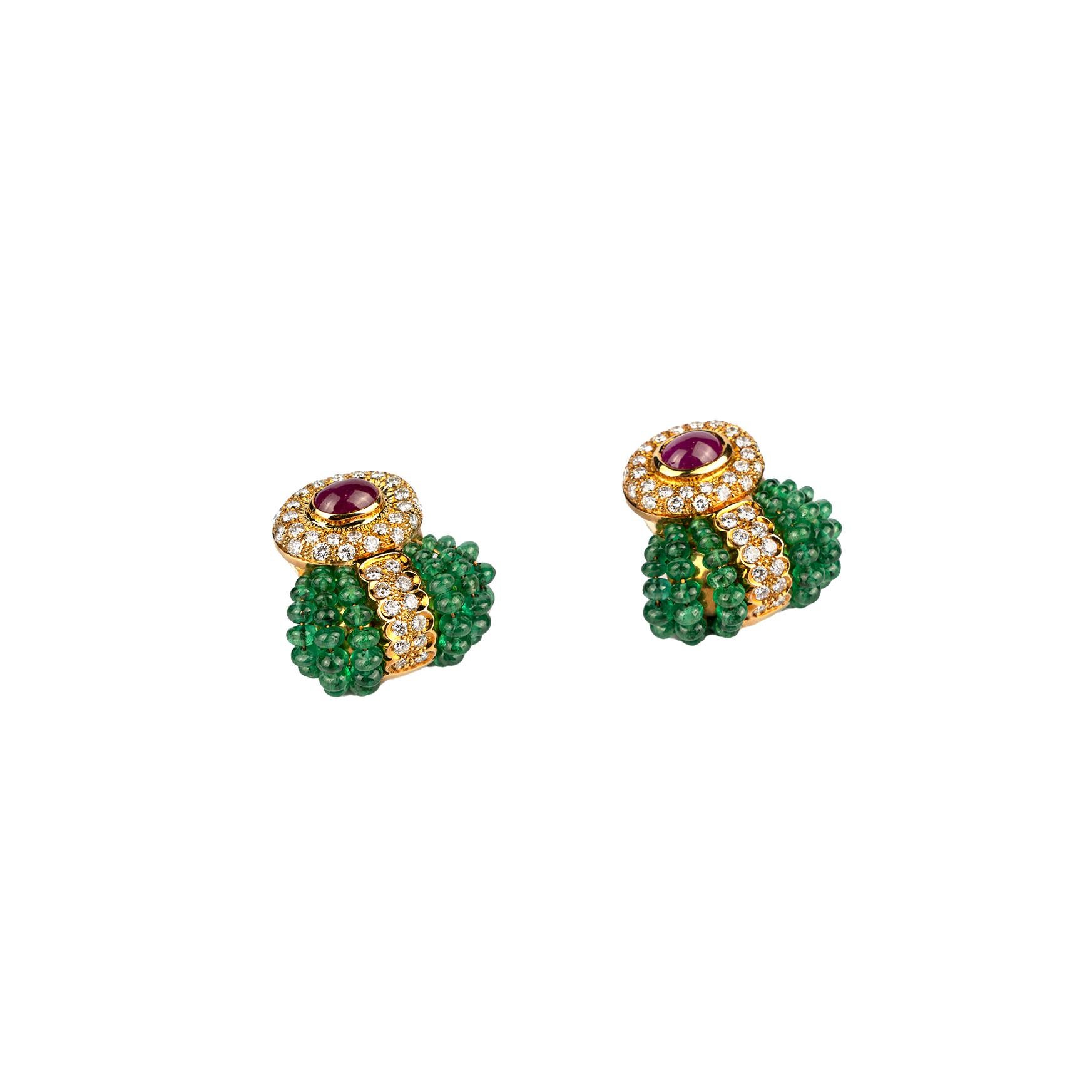 Mixed Cut Vintage Ruby, Diamond and Emerald Beaded Earrings  For Sale