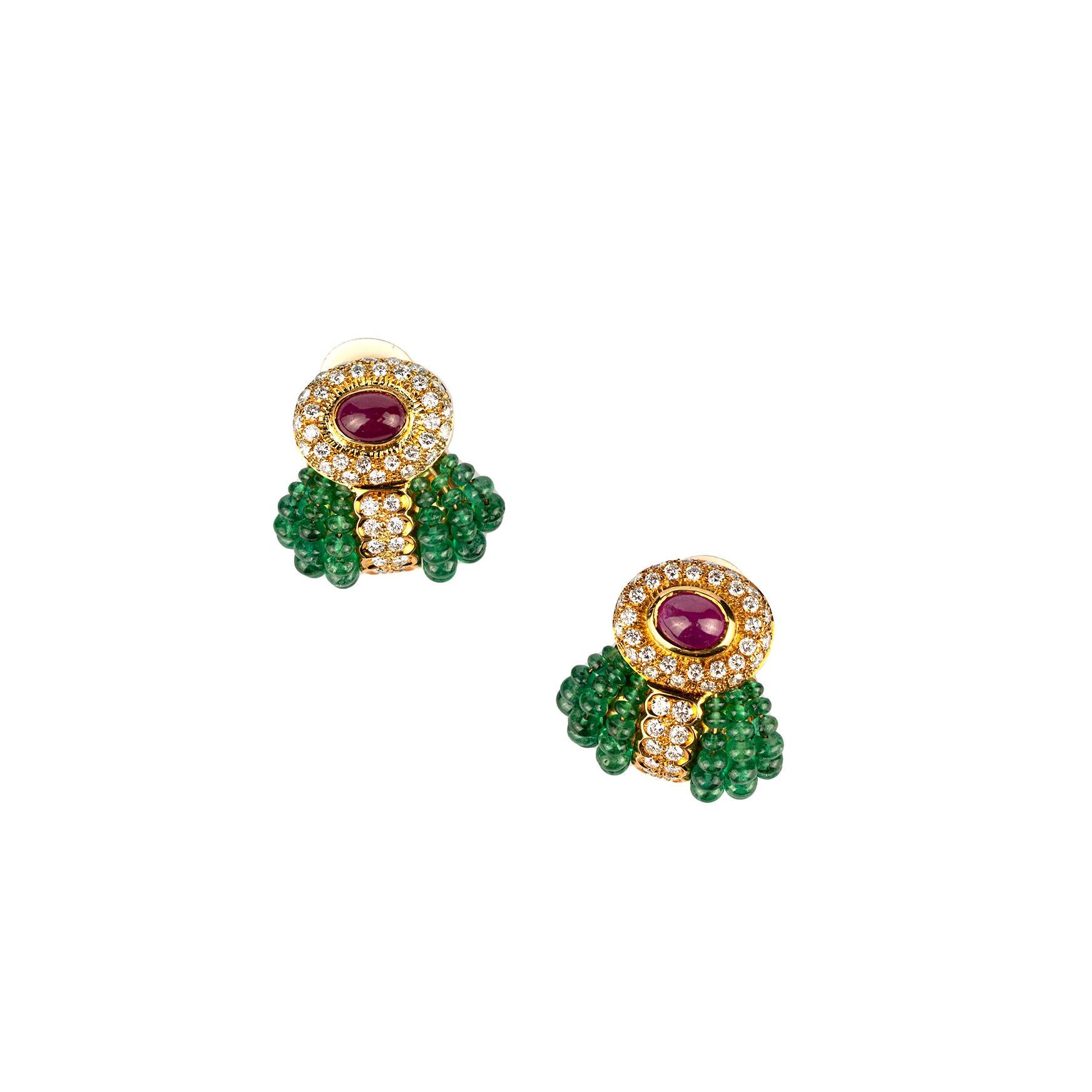 Vintage Ruby, Diamond and Emerald Beaded Earrings  In Excellent Condition For Sale In New York, NY