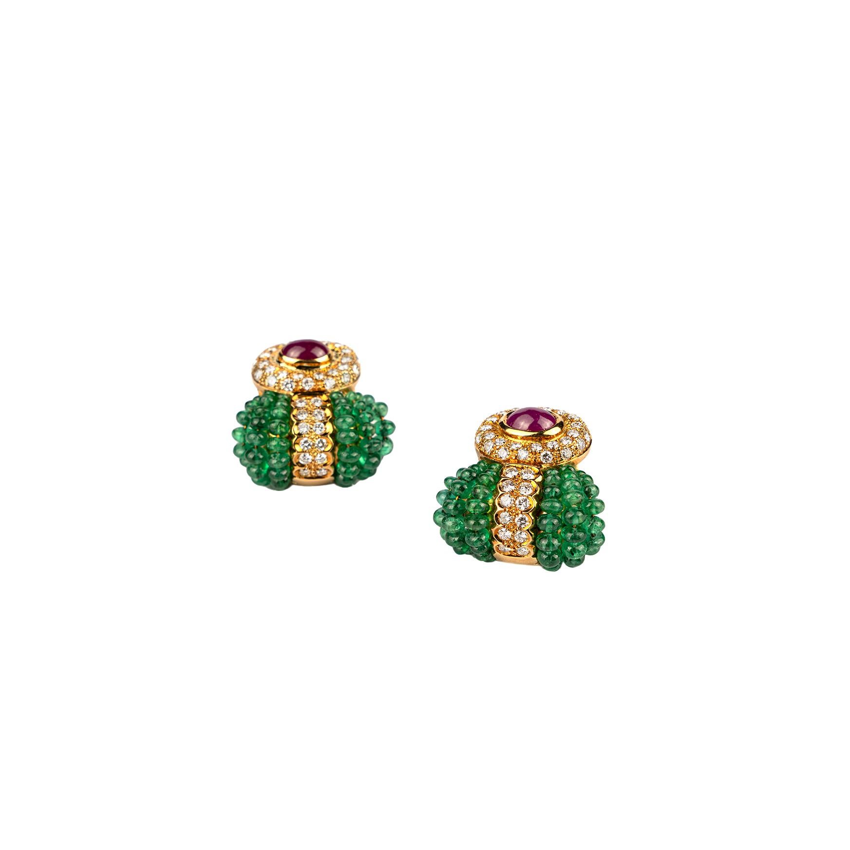 Vintage Rubin, Diamant und Smaragd Perlenohrringe  Damen im Angebot