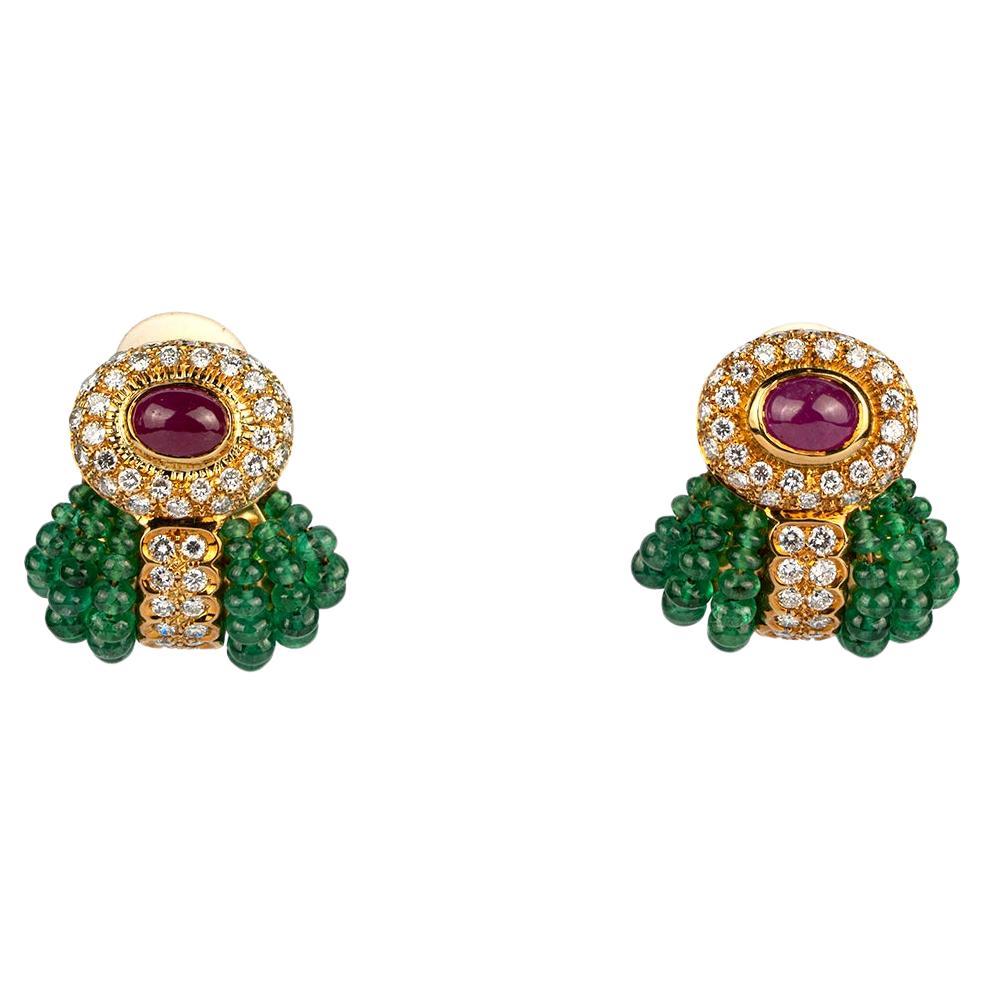 Vintage Ruby, Diamond and Emerald Beaded Earrings  For Sale