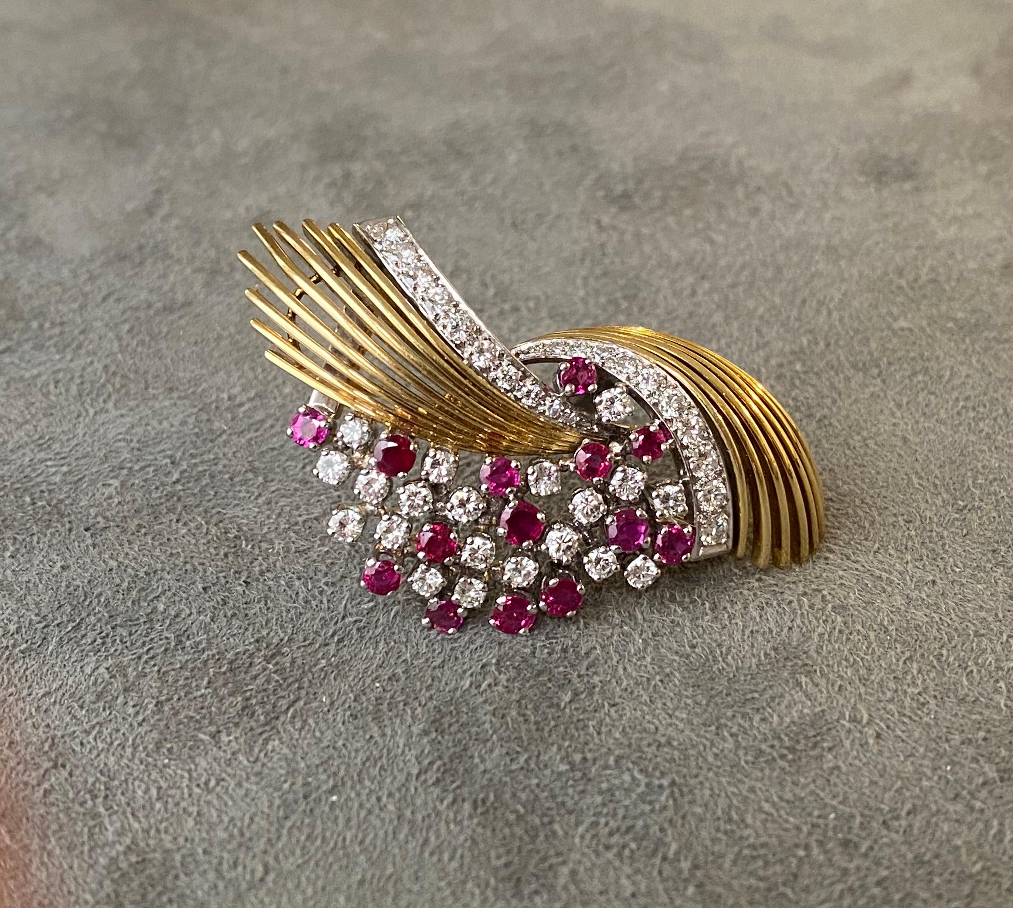 Brilliant Cut Vintage Ruby, Diamond and Gold Brooch, ca 1950 For Sale