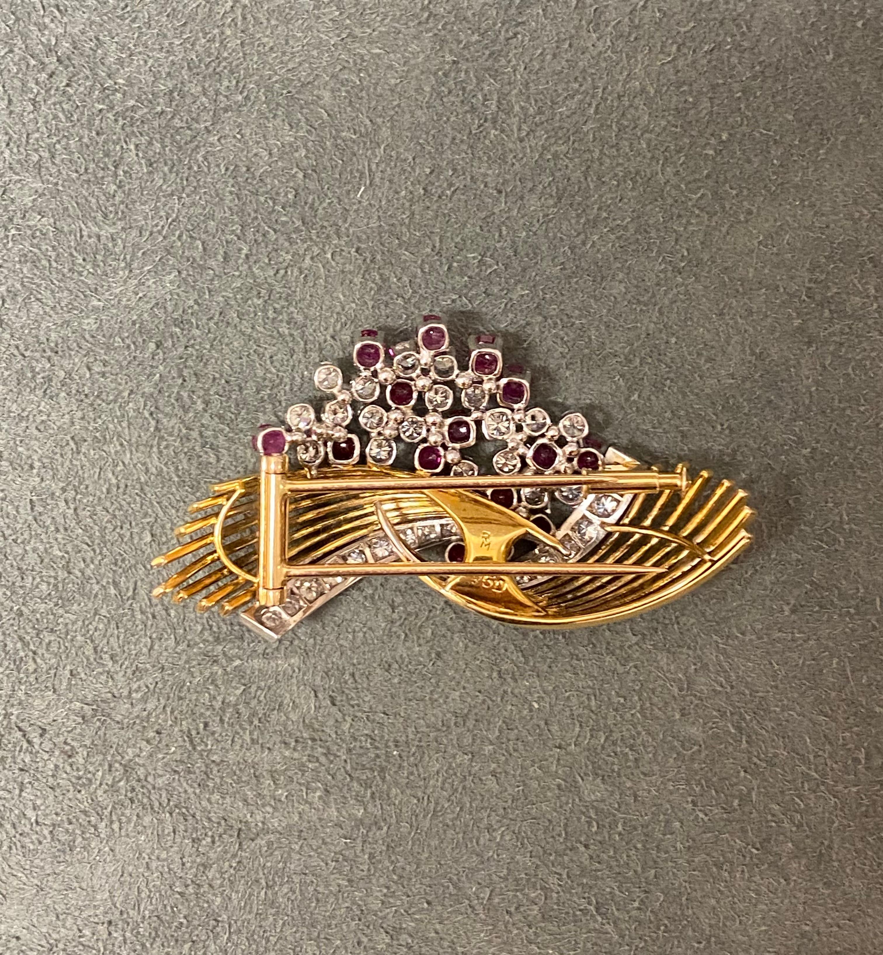 Women's Vintage Ruby, Diamond and Gold Brooch, ca 1950 For Sale