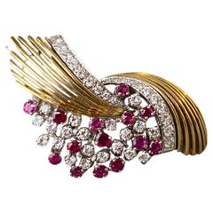 Antique Ruby, Diamond and Gold Brooch, ca 1950
