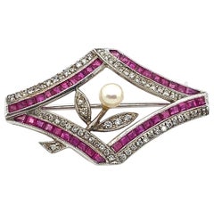 Vintage Ruby, Diamond and Pearl Brooch in 18ct Yellow 
White Gold